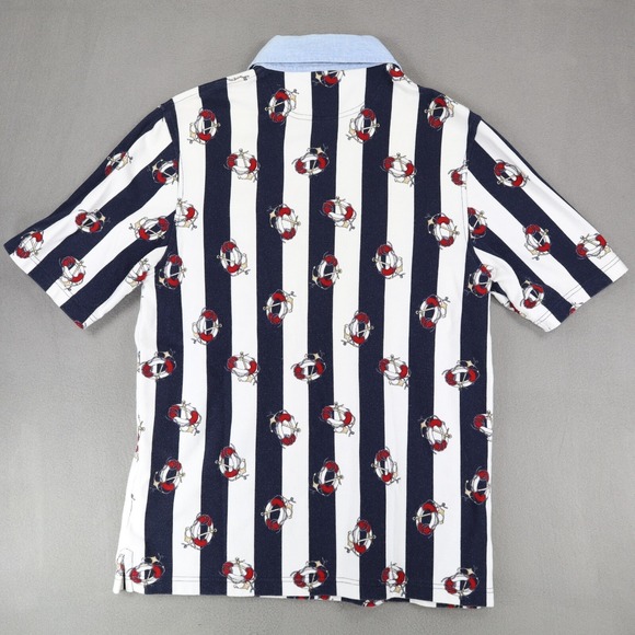 Vintage Lands End Denim Collar Polo Shirt Sz M Nautical Stripe Life Saver Anchor - Picture 4 of 7